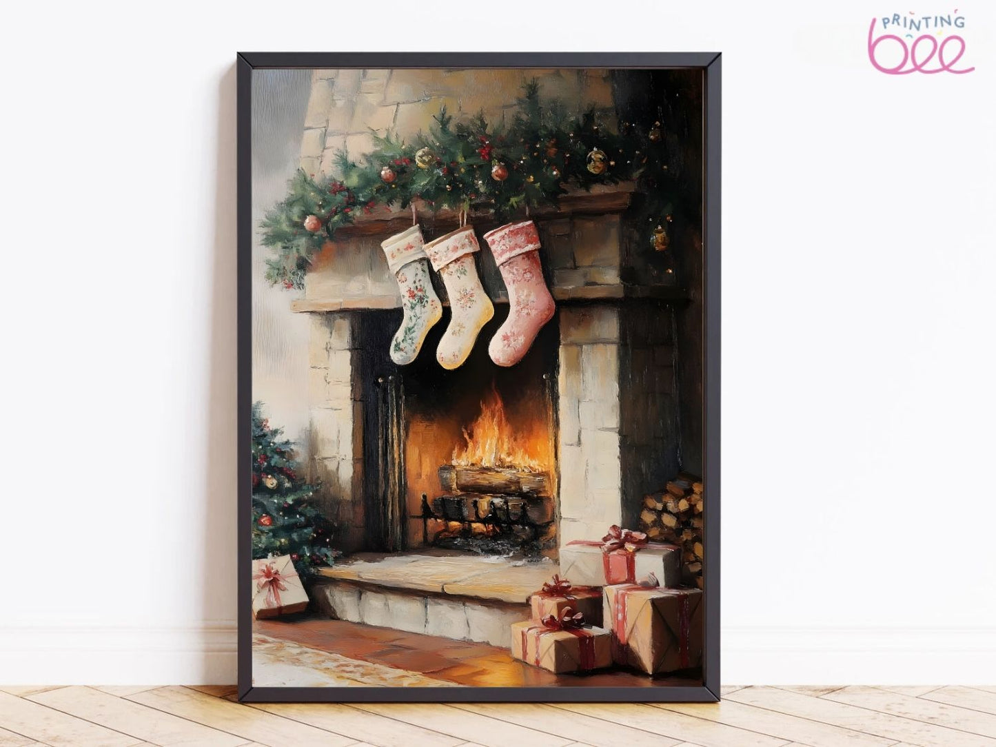 Christmas Fireplace with Stockings Art Print