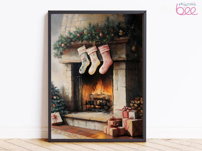 Christmas Fireplace with Stockings Art Print