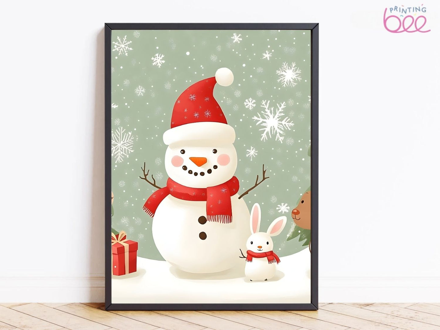 Christmas Snowman & Bunny Winter Scene Art Print – Festive Holiday Canvas with Snowflakes and Gift