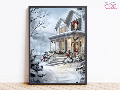 Cozy Winter Wonderland Art Print - Snowy Victorian House Canvas