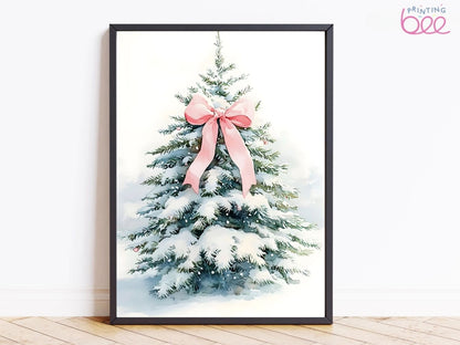 Elegant Christmas Tree Canvas Art with Pink Bow | Snow-Covered Holiday Decoration | Festive Wall Print