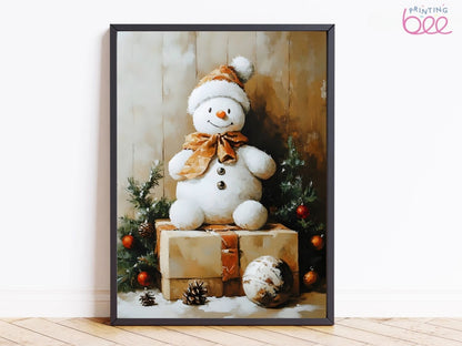Festive Snowman Canvas Print – Holiday Decor with Gift Boxes, Rustic Style