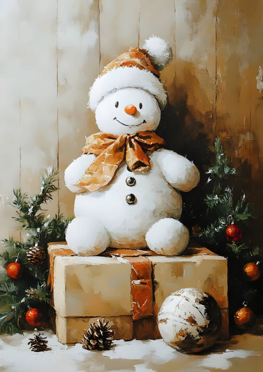 Festive Snowman Canvas Print – Holiday Decor with Gift Boxes, Rustic Style
