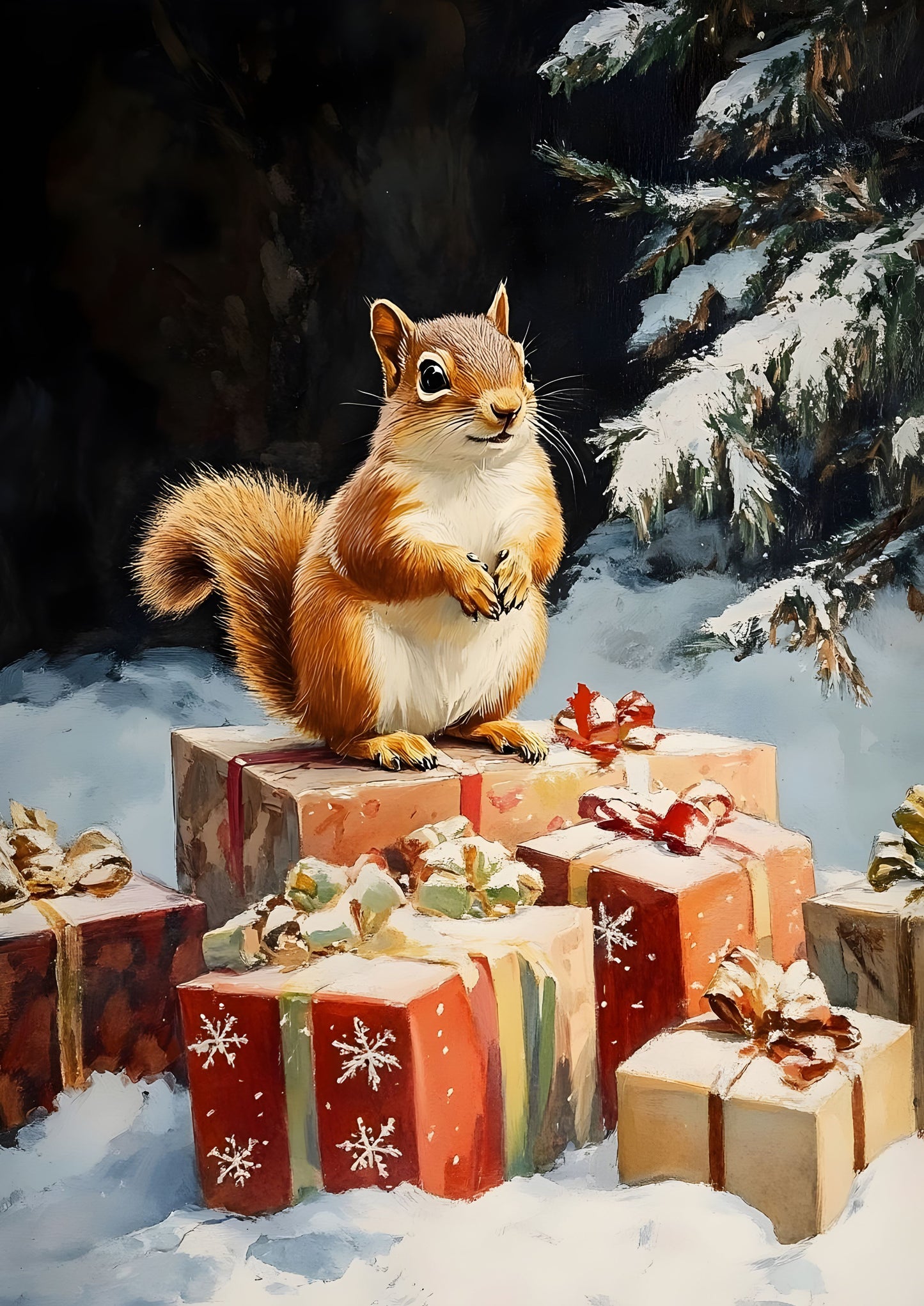 Festive Squirrel Canvas Print with Christmas Presents – Perfect for Holiday Home Decor