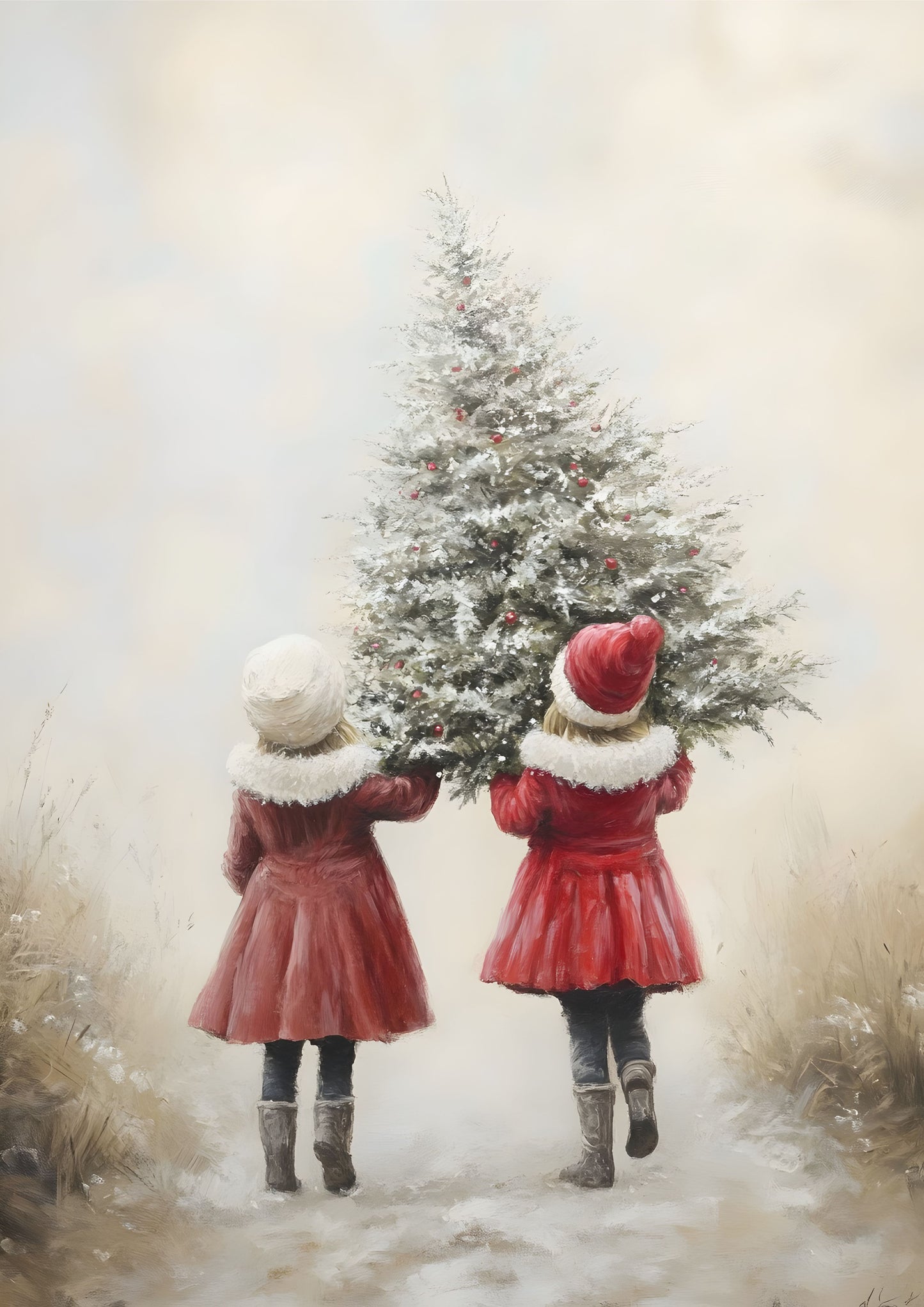 Christmas Tree Canvas Art - Children Carrying Snow-Covered Tree Holiday Wall Decor