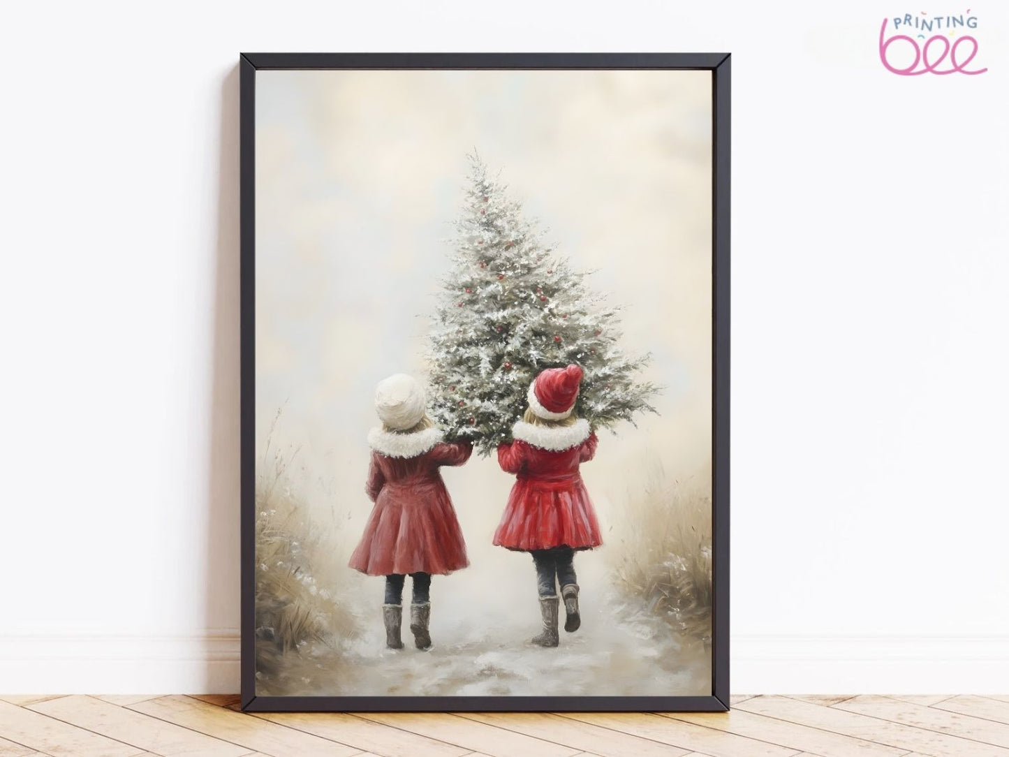Christmas Tree Canvas Art - Children Carrying Snow-Covered Tree Holiday Wall Decor