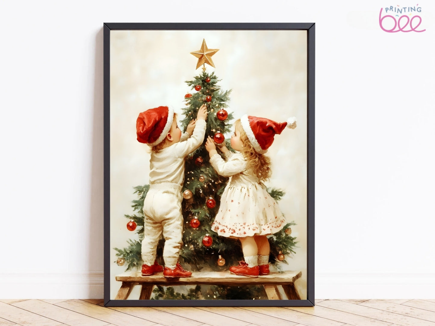 Nostalgic Christmas Kids Decorating Tree Print