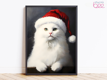 White Cat with Santa Hat Canvas Art - Festive Christmas Cat Portrait Wall Art