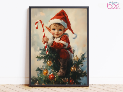 Santa’s Little Elf Canvas Print - Cute Child Elf with Candy Cane Holiday Wall Decor