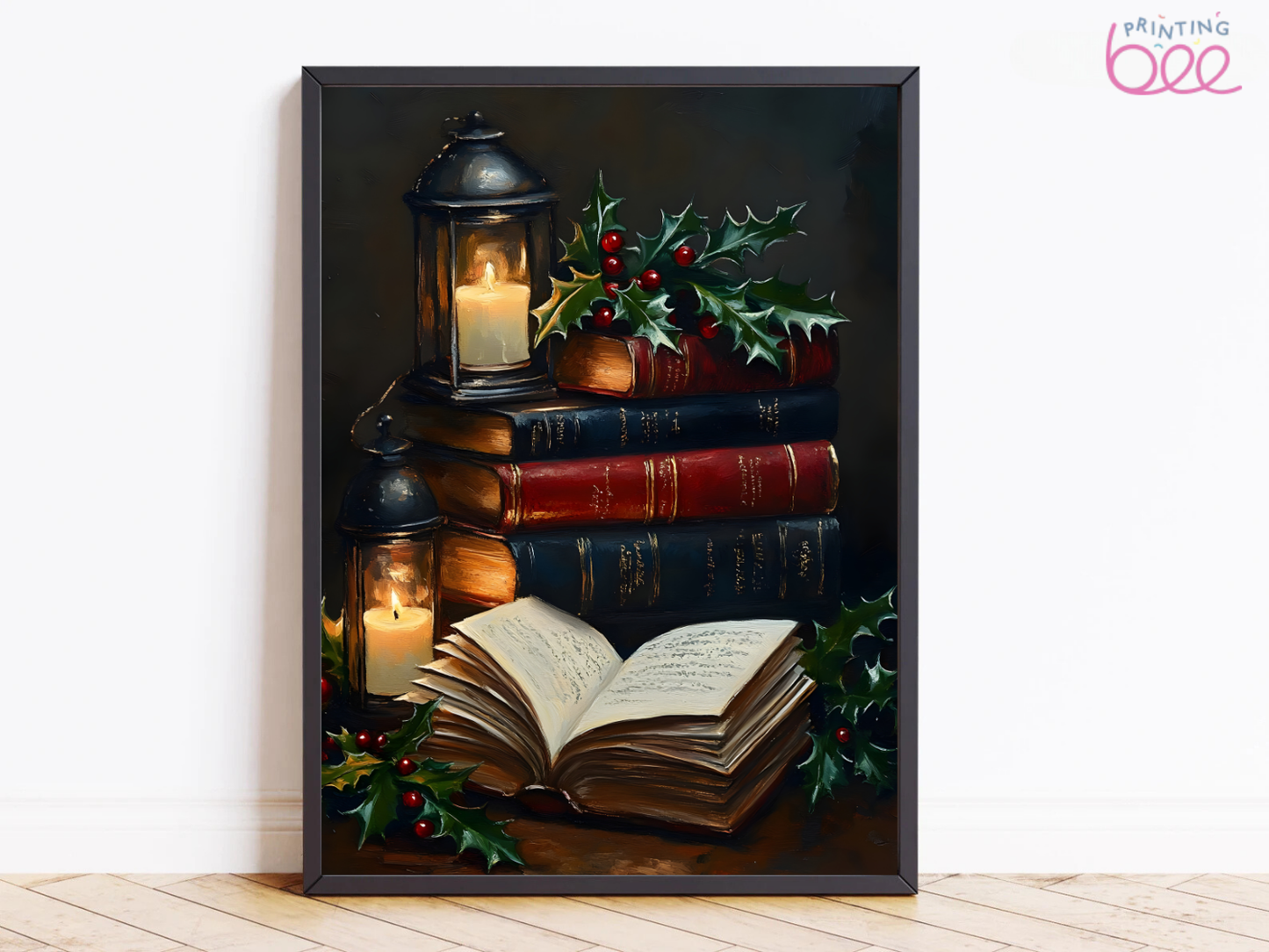 Vintage Christmas Books & Lanterns Canvas Art - Cozy Candlelit Holiday Decor