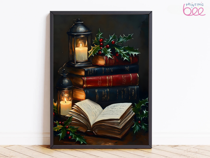Vintage Christmas Books & Lanterns Canvas Art - Cozy Candlelit Holiday Decor