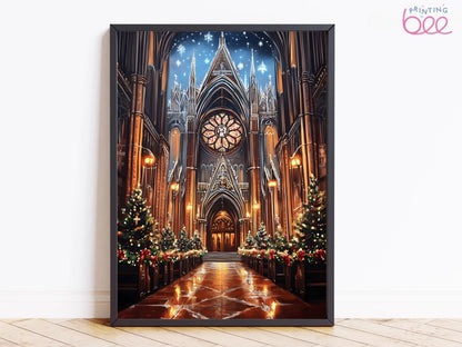 Majestic Cathedral Christmas Art Print on Canvas
