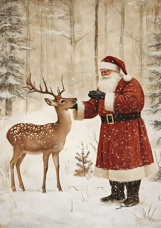 Santa and Reindeer Christmas Canvas Art Print - Vintage Winter Holiday Wall Decor