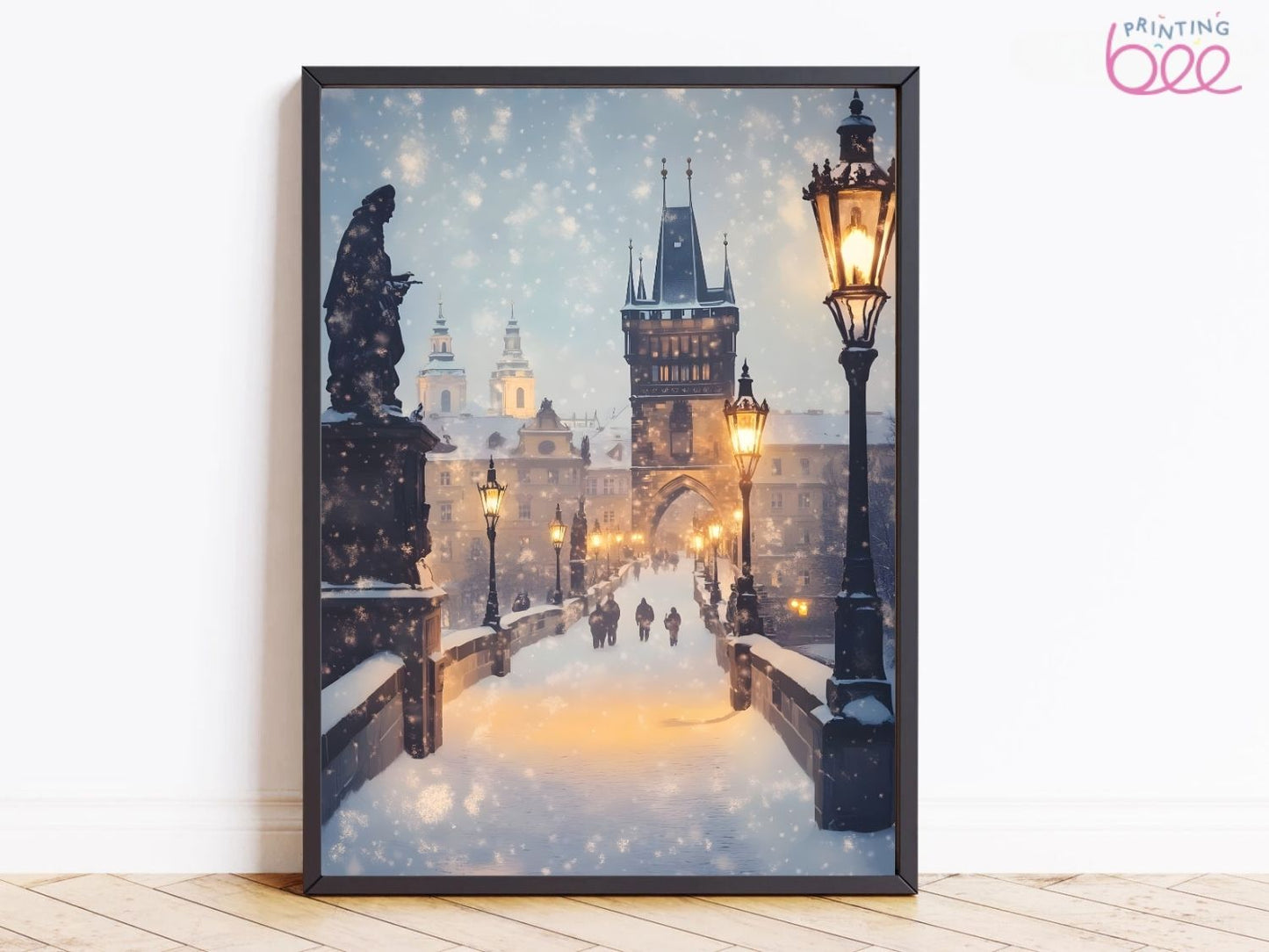 Snowy Bridge with Lanterns Winter Art Print