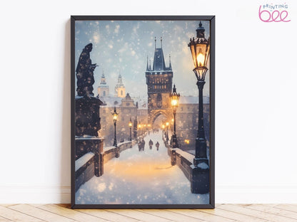 Snowy Bridge with Lanterns Winter Art Print