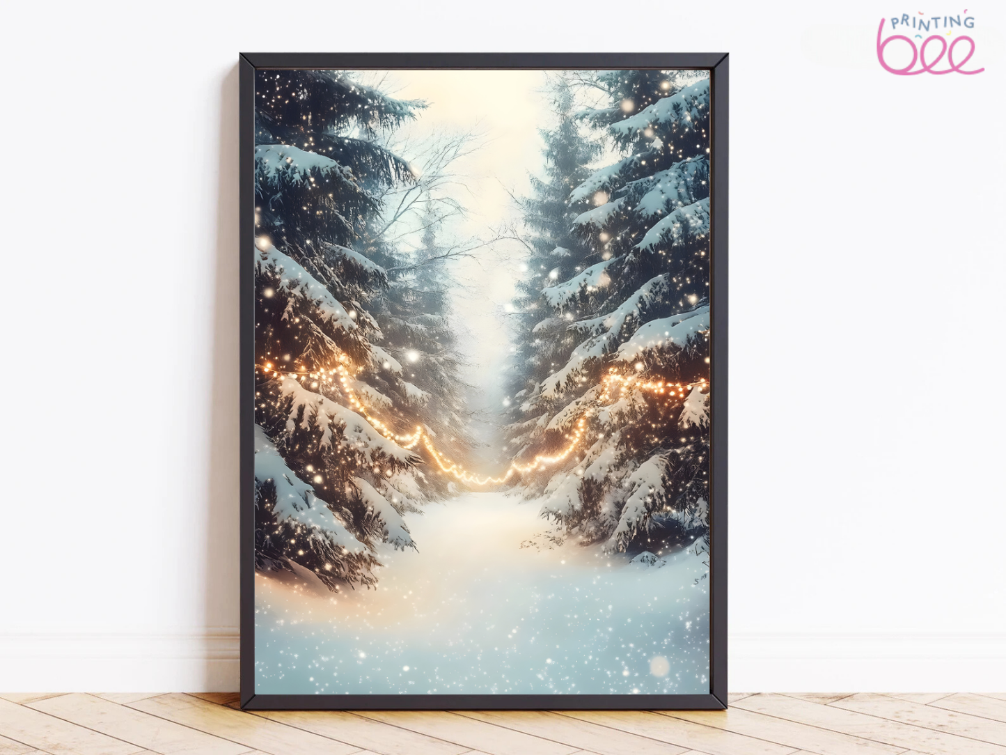 Snowy Forest with Christmas Lights Print