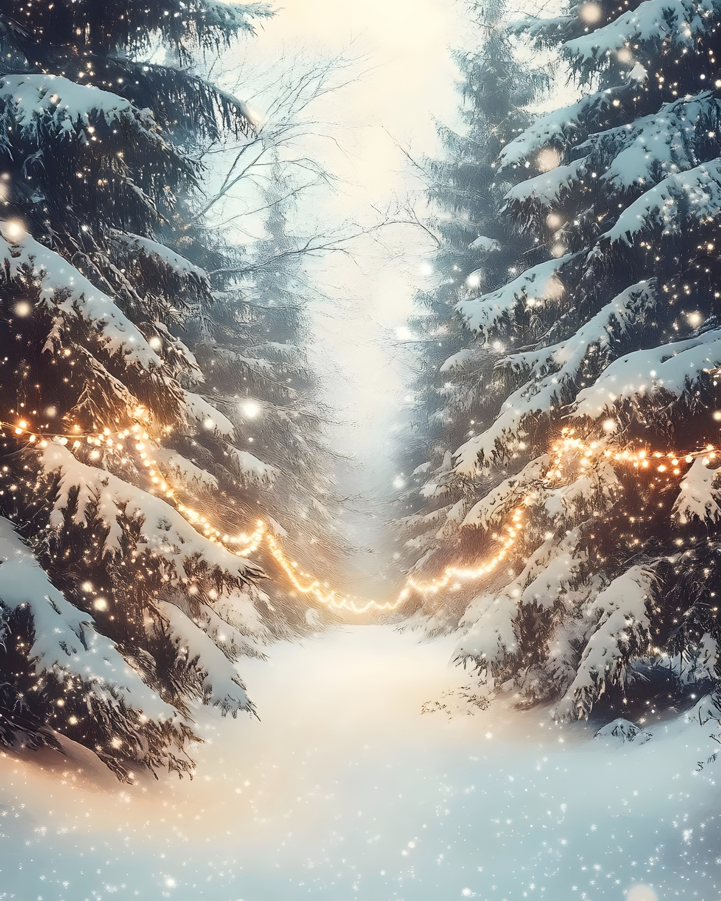 Snowy Forest with Christmas Lights Print
