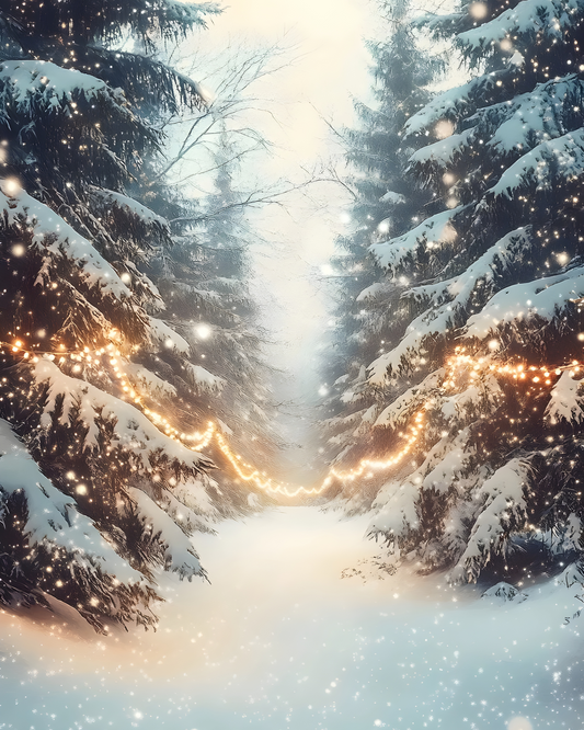 Snowy Forest with Christmas Lights Print