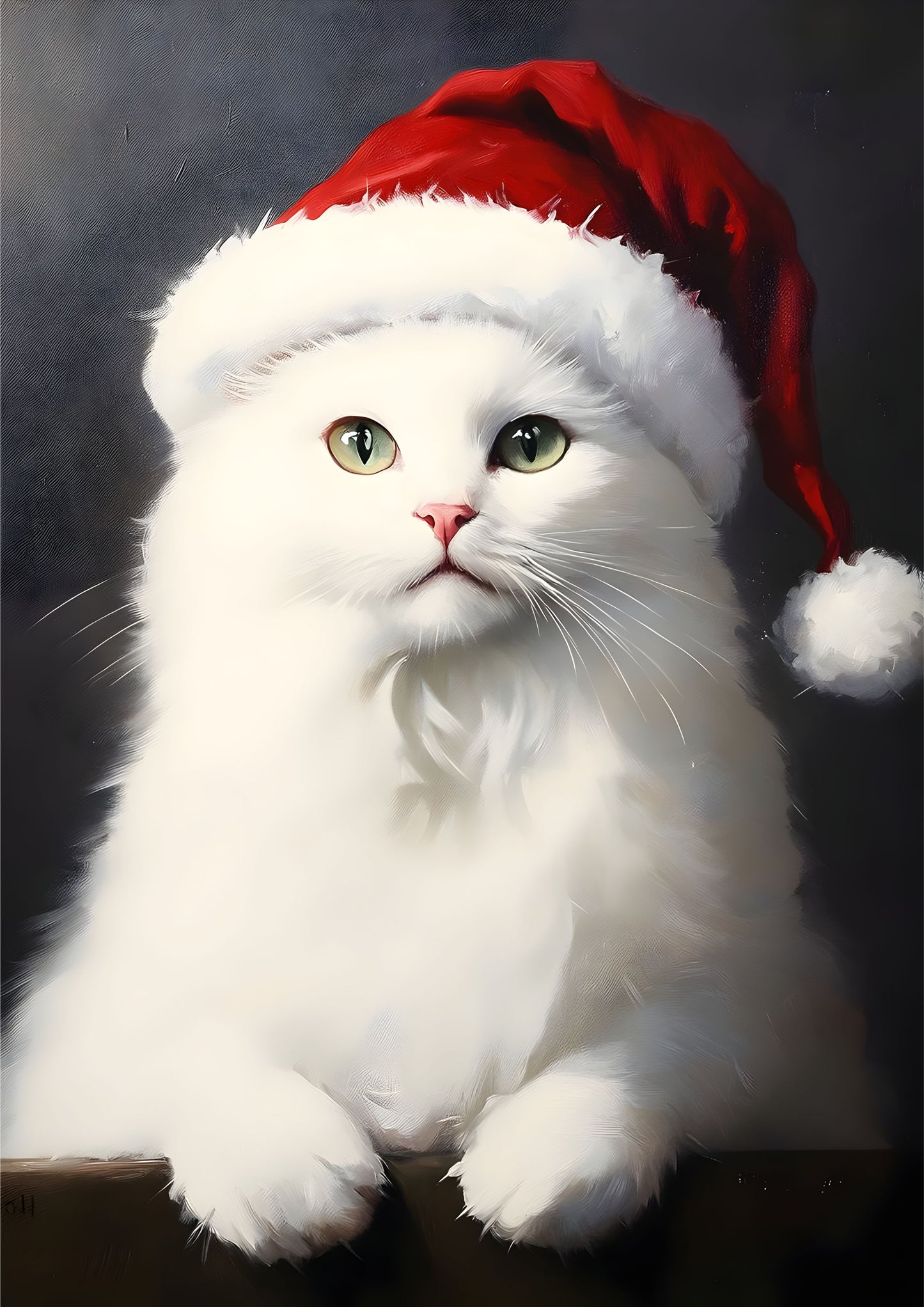 White Cat with Santa Hat Canvas Art - Festive Christmas Cat Portrait Wall Art