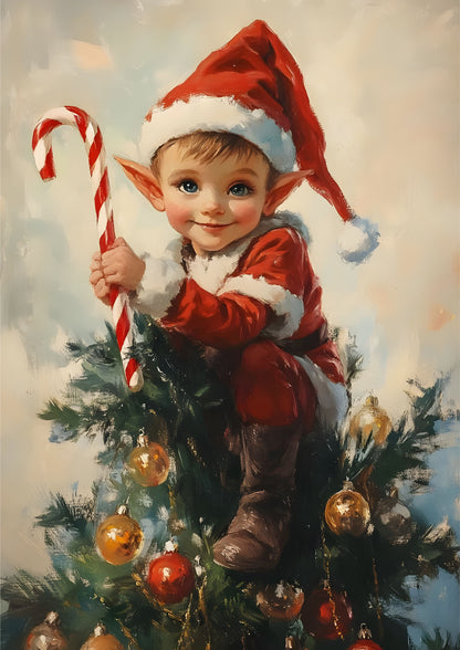 Santa’s Little Elf Canvas Print - Cute Child Elf with Candy Cane Holiday Wall Decor