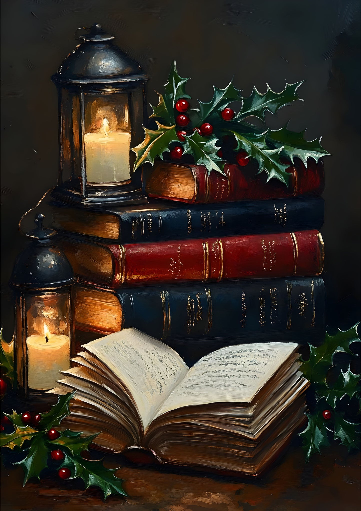 Vintage Christmas Books & Lanterns Canvas Art - Cozy Candlelit Holiday Decor