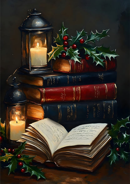 Vintage Christmas Books & Lanterns Canvas Art - Cozy Candlelit Holiday Decor