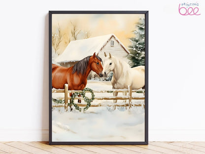 Winter Horse Companions Canvas Print – Rustic Holiday Art for Farmhouse Decor