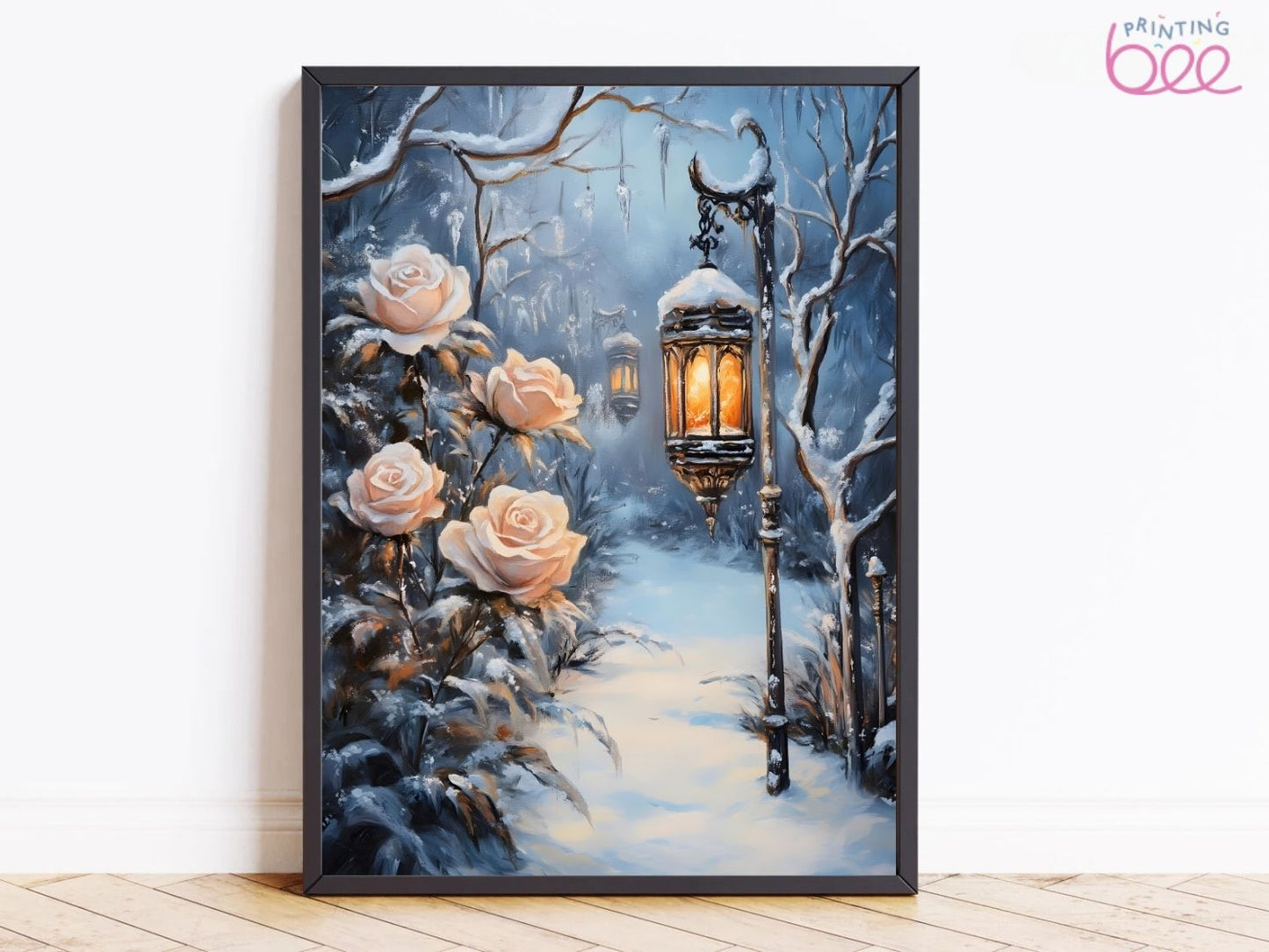 Winter Wonderland Lantern and Roses Art Print Canvas - Enchanting Snowy Scene with Glowing Lantern