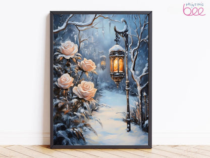 Winter Wonderland Lantern and Roses Art Print Canvas - Enchanting Snowy Scene with Glowing Lantern