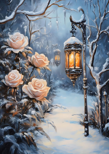 Winter Wonderland Lantern and Roses Art Print Canvas - Enchanting Snowy Scene with Glowing Lantern