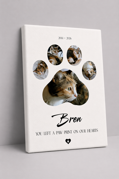 Cat memorial paw print collage on canvas with five photos and the words you left a paw print on our hearts