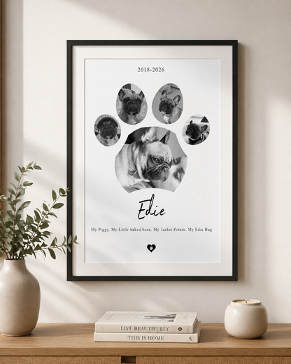Dog paw memorial collage created from five pet photos, shown framed