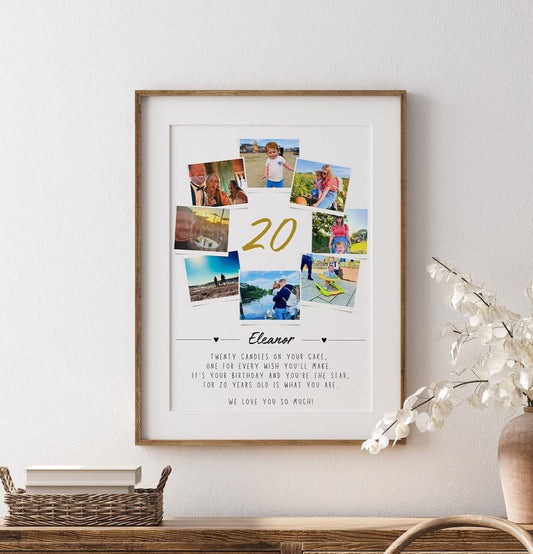 Personalised 20th Birthday Photo Collage, Becoming Adult Gift, 20th Celebration Print, Polaroid Photo Decor, Twenty Years Old Gift Friend