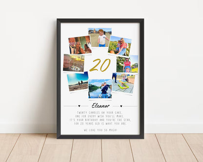 Personalised 20th Birthday Photo Collage, Becoming Adult Gift, 20th Celebration Print, Polaroid Photo Decor, Twenty Years Old Gift Friend