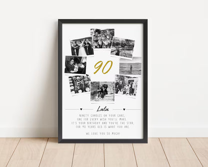Personalised 90th Birthday Photo Collage, 90th Celebration Gift, Ninety Wall Art, Polaroid Photo Decor, Unique Milestone Gift Mum Dad Friend