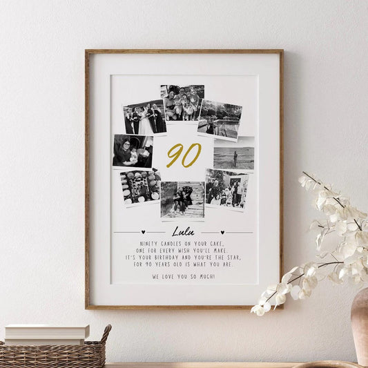 Personalised 90th Birthday Photo Collage, 90th Celebration Gift, Ninety Wall Art, Polaroid Photo Decor, Unique Milestone Gift Mum Dad Friend
