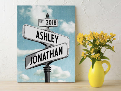 Personalised Street Sign Print From Names - Custom Vintage Couple Canvas - Wedding Anniversary Gift