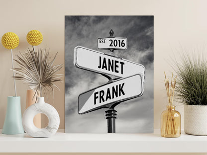 Personalised Street Sign Print From Names - Custom Vintage Couple Canvas - Wedding Anniversary Gift