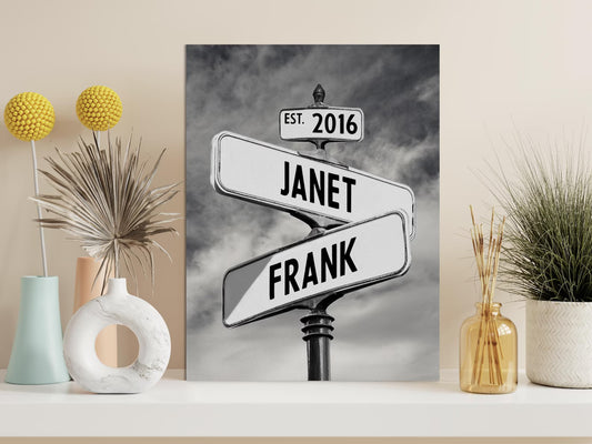 Personalised Street Sign Print From Names - Custom Vintage Couple Canvas - Wedding Anniversary Gift