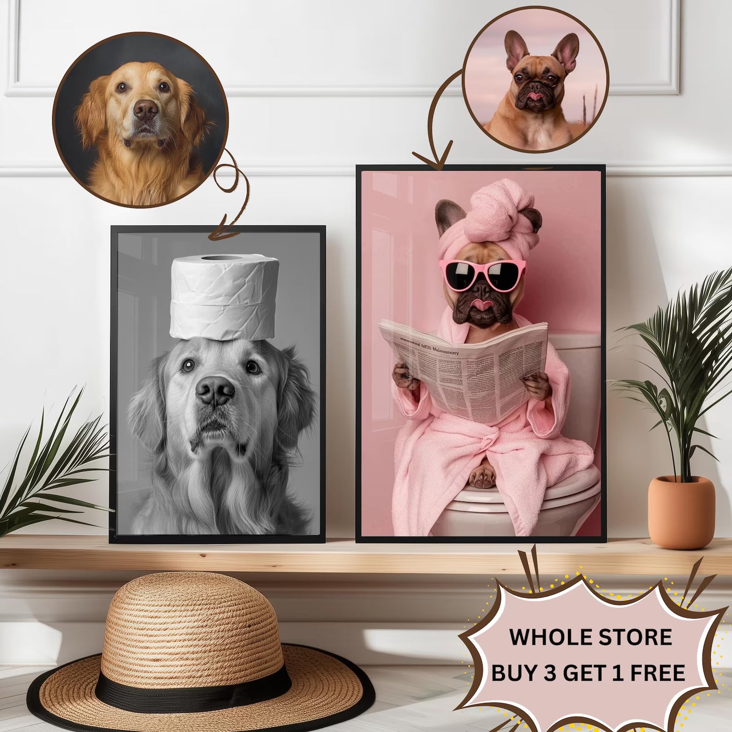 Personalised Funny Bathroom Dog Print From Photo - Dog on Toilet Art - Custom Pet Portrait - Dog Dad Gift