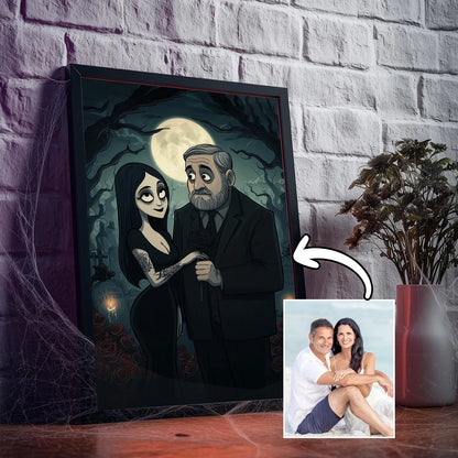 Personalised Gothic Couple Portrait From Photo - Custom Dark Family Illustration Canvas - Halloween Anniversary Gift