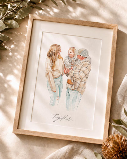 Personalised Father's Day Family Portrait From Photo, Watercolour Painting Gift for Dad Daddy Grandad