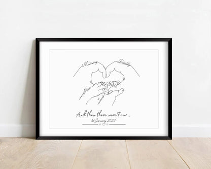 Personalised Family Hands with Dog Paw, Mum Newborn Gift, New Baby Print, New Mummy Daddy Gift, Minimalist Line Art, Birthday Gift for Her