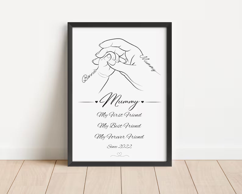 Custom Mummy and Baby Line Art Print, Personalised Mother's Day Gift, Mum First Best Friend Quote, New Mummy Birthday Gift, Baby Hand Decor