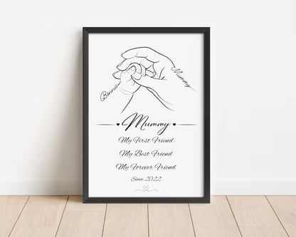 Custom Mum and Baby Line Art Print, Personalised Mother's Day Gift, Mum First Best Friend Quote, New Mummy Birthday Gift, Baby Hand Decor