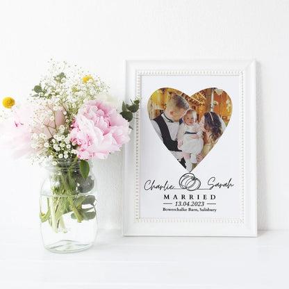 Personalised Wedding Photo Gift, Custom Heart Picture Frame, Married Name Date Venue Gift Print, Couple Wall Art, First Anniversary Keepsake