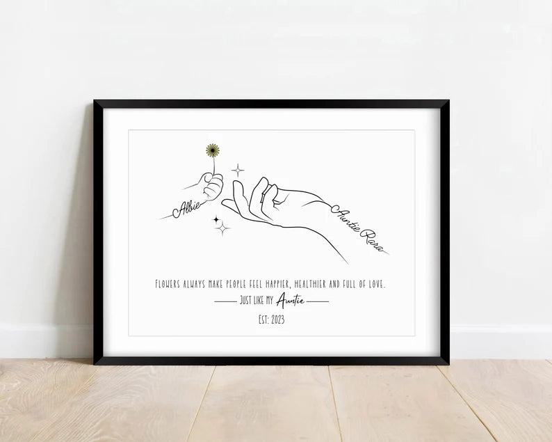 Custom Auntie Flower Gift, Custom Aunt Line Art Print with Names and Flower, Aunty Birthday Gift from Niece or Nephew, Unique Auntie Present
