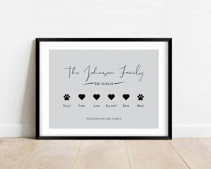Custom Family Name Gift, Personalied Family Wall Art Print, Established Date Sign, New Home Gift, Family Heart Paw Print, Mum Birthday
