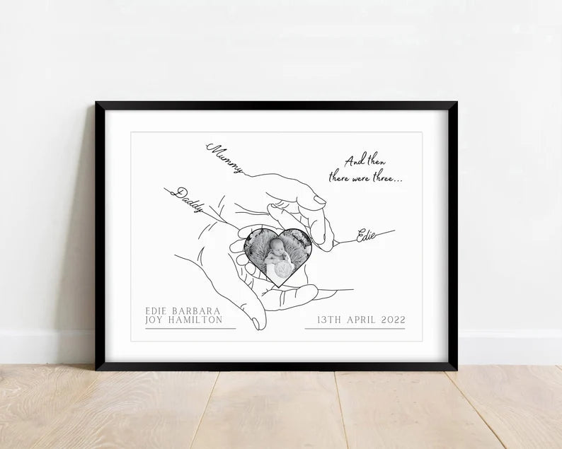 Personalised Newborn Baby Poster, Photo Gift for New Family, Minimalist Line Art Print, Baby Shower, Name and Birth Date, New Mum Birthday