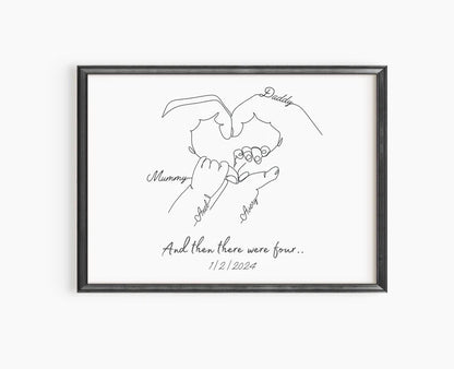 Personalised New Baby Print, Second Newborn Gift Mum, Family of Four Art, New Family, Minimalist Line Art, Two Children, Mum Anniversary